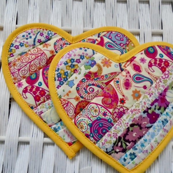 Quilted  Cotton Patchwork Heart Coasters - Set of two Coasters 