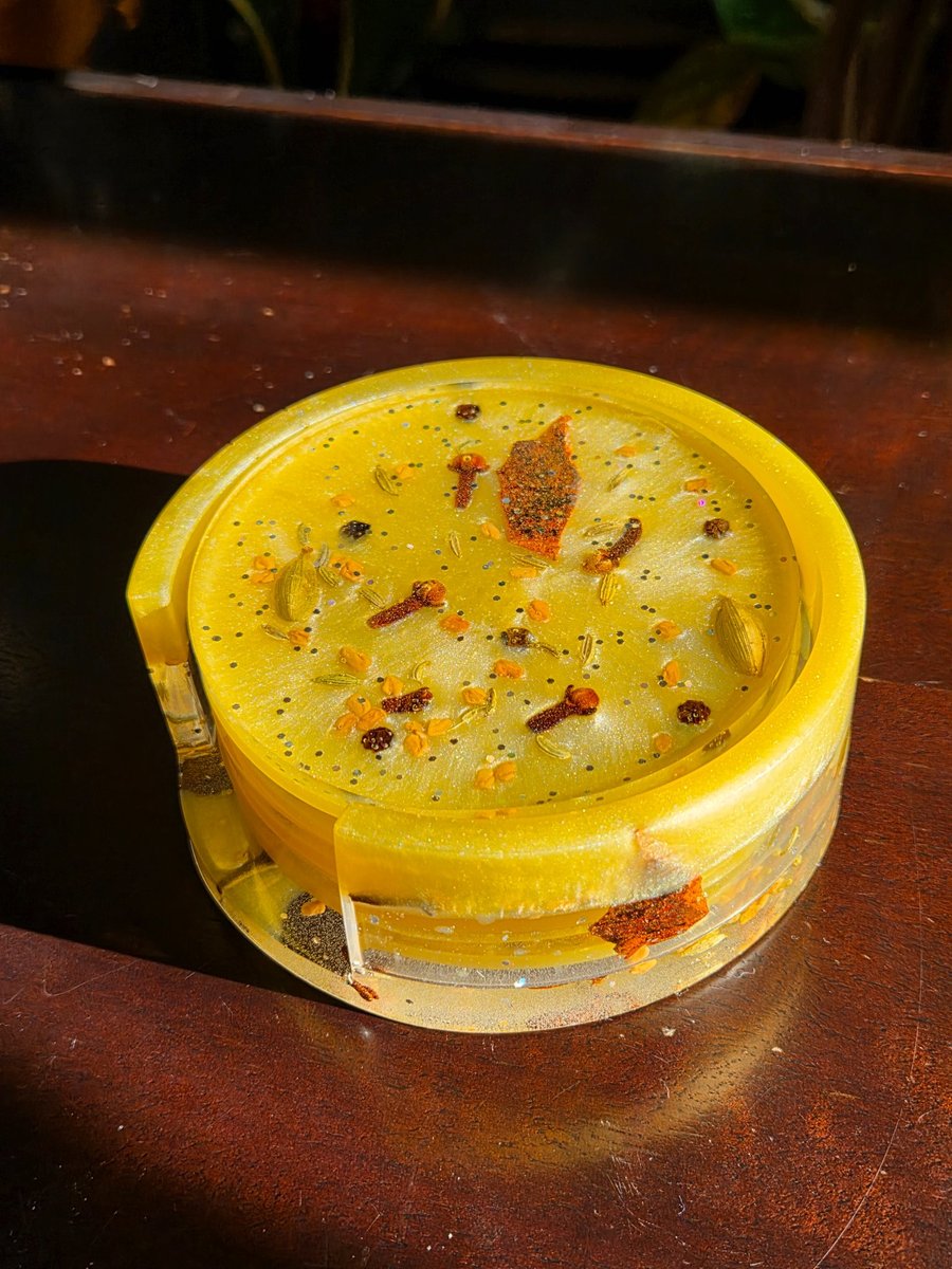 Handmade Spice Infused Resin Coaster Set : 4 Coasters and Matching Holder