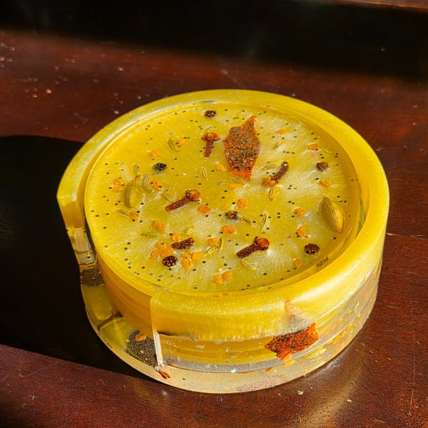 Handmade Spice Infused Resin Coaster Set : 4 Coasters and Matching Holder