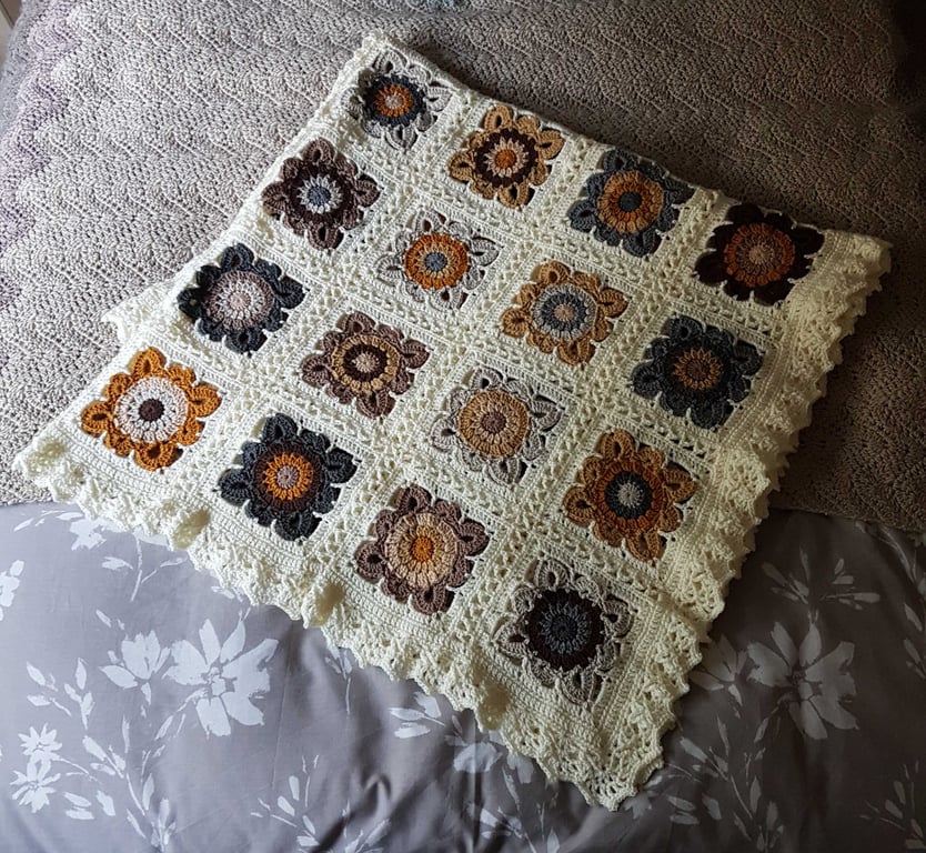 Neutral Flowers Crochet Blanket or Throw