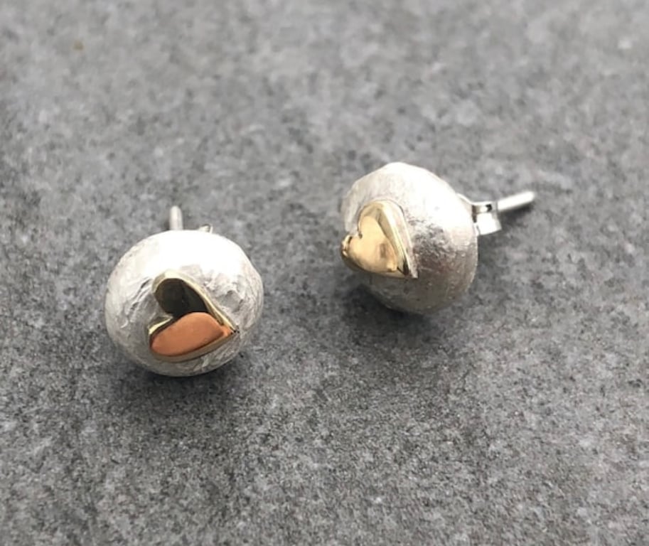 Soul Pebble Studs, gold heart studs, pebble studs, round gold heart studs. 