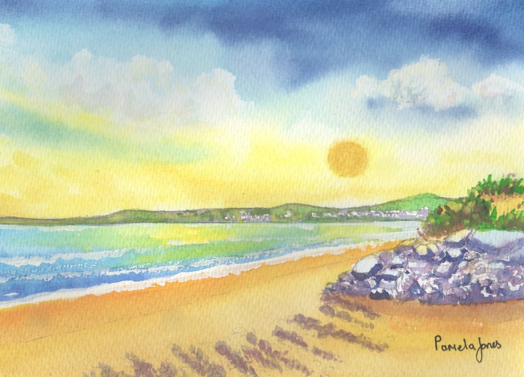 Yellow Sky, North Dock Beach, Llanelli. Original Watercolour in 14 x 11 '' Mount