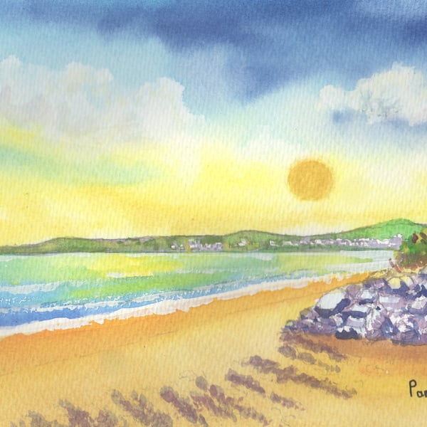 Yellow Sky, North Dock Beach, Llanelli. Original Watercolour in 14 x 11 '' Mount