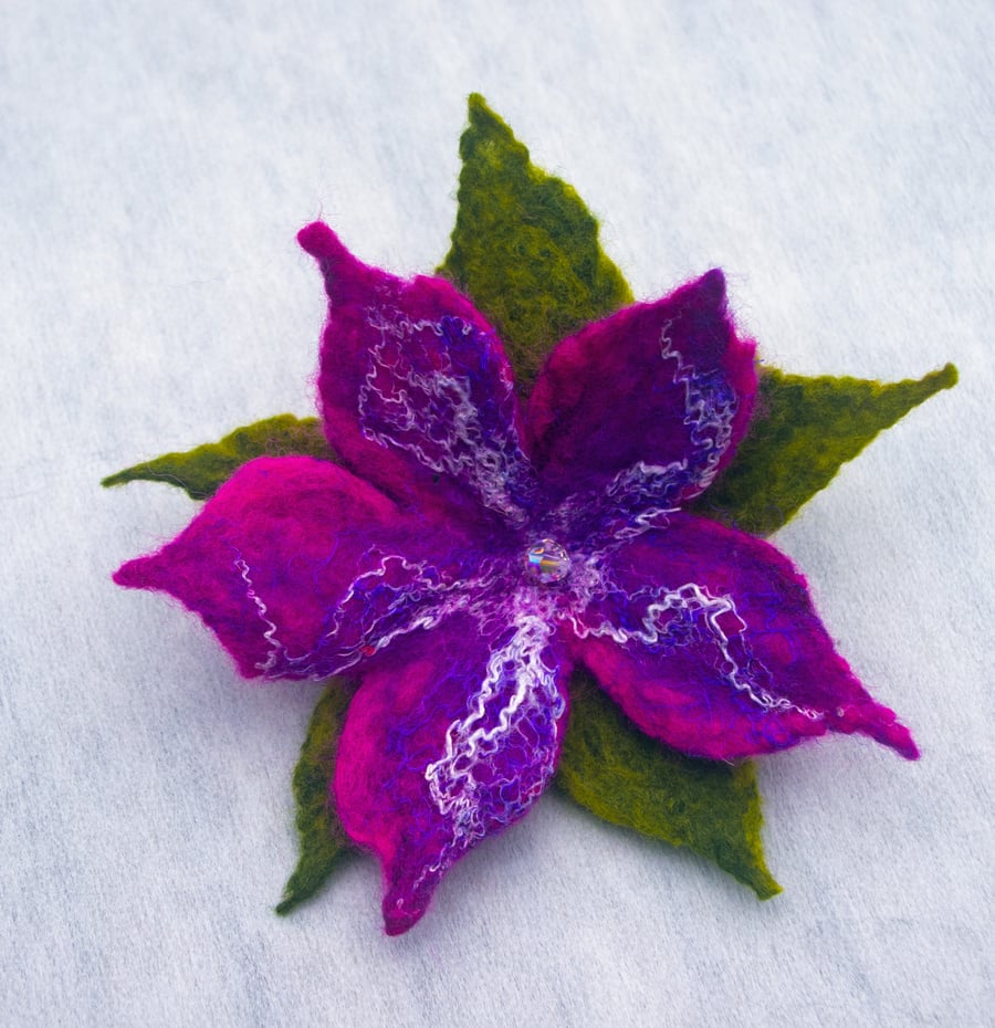 Felt Flower Brooch. Pink Purple Brooch Pin. Merino Wool, with Safety Clasp