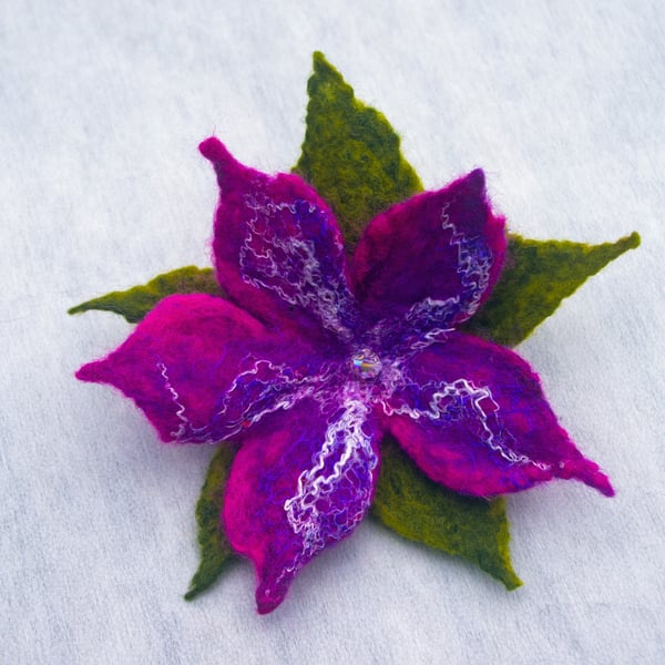 Felt Flower Brooch. Pink Purple Brooch Pin. Merino Wool, with Safety Clasp