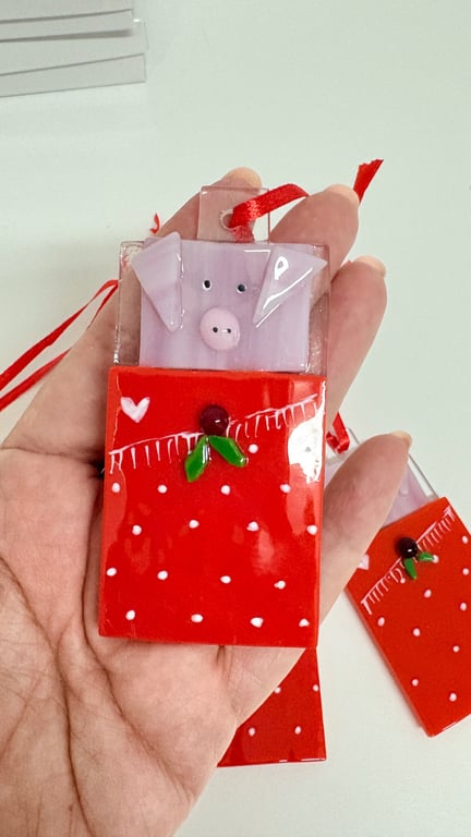 Pigs in blankets , fused glass Christmas decoration 