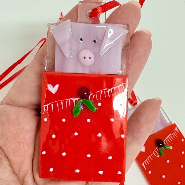 Pigs in blankets , fused glass Christmas decoration 