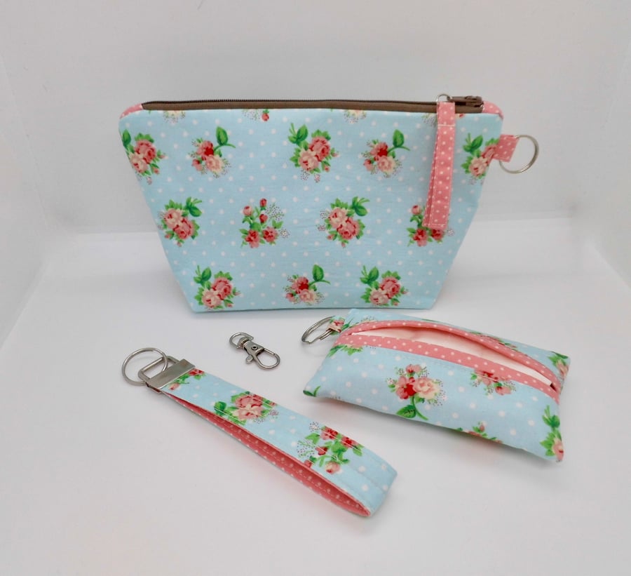 SOLD Pink roses print fabric set of three matching accessories gift set