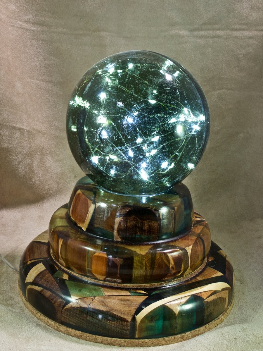 unusual funky wood table lamp with Vintage Victorian glass fishing float. PR484