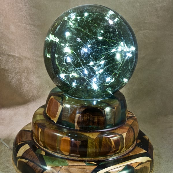 unusual funky wood table lamp with Vintage Victorian glass fishing float. PR484