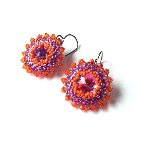 Magenta Purple and Orange Crystal Drop Earrings