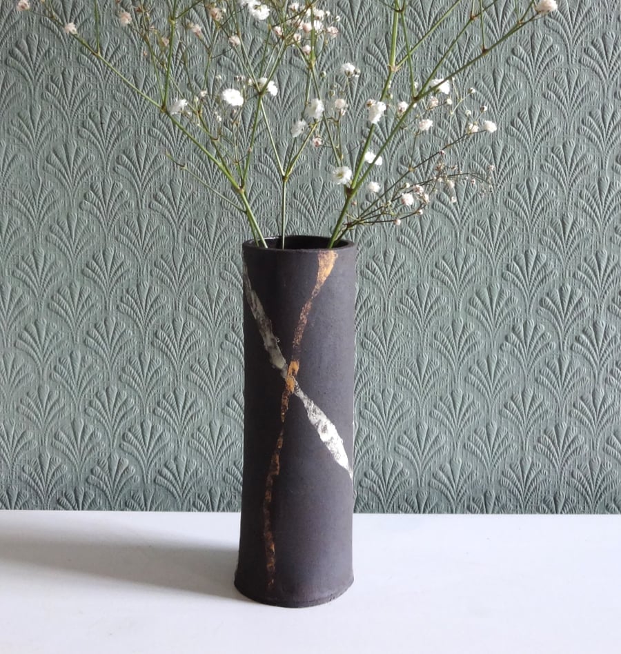 Vase abstract modern ceramic. Handmade design, stripe ribbon style decoration. 