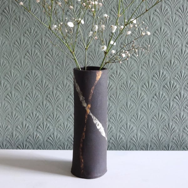 Vase abstract modern ceramic. Handmade design, stripe ribbon style decoration. 