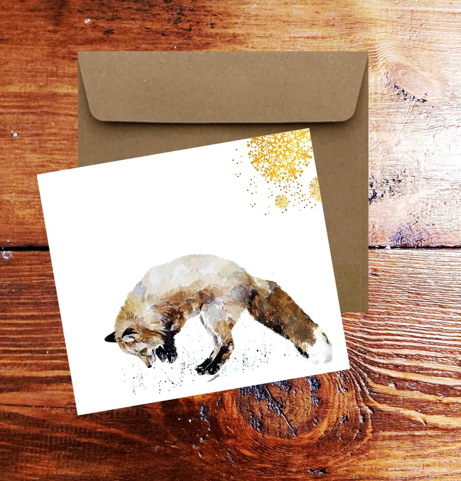 Fox Watercolour Art Square Christmas Card(s) Single Pack of 6.Fox cards,Fox gree