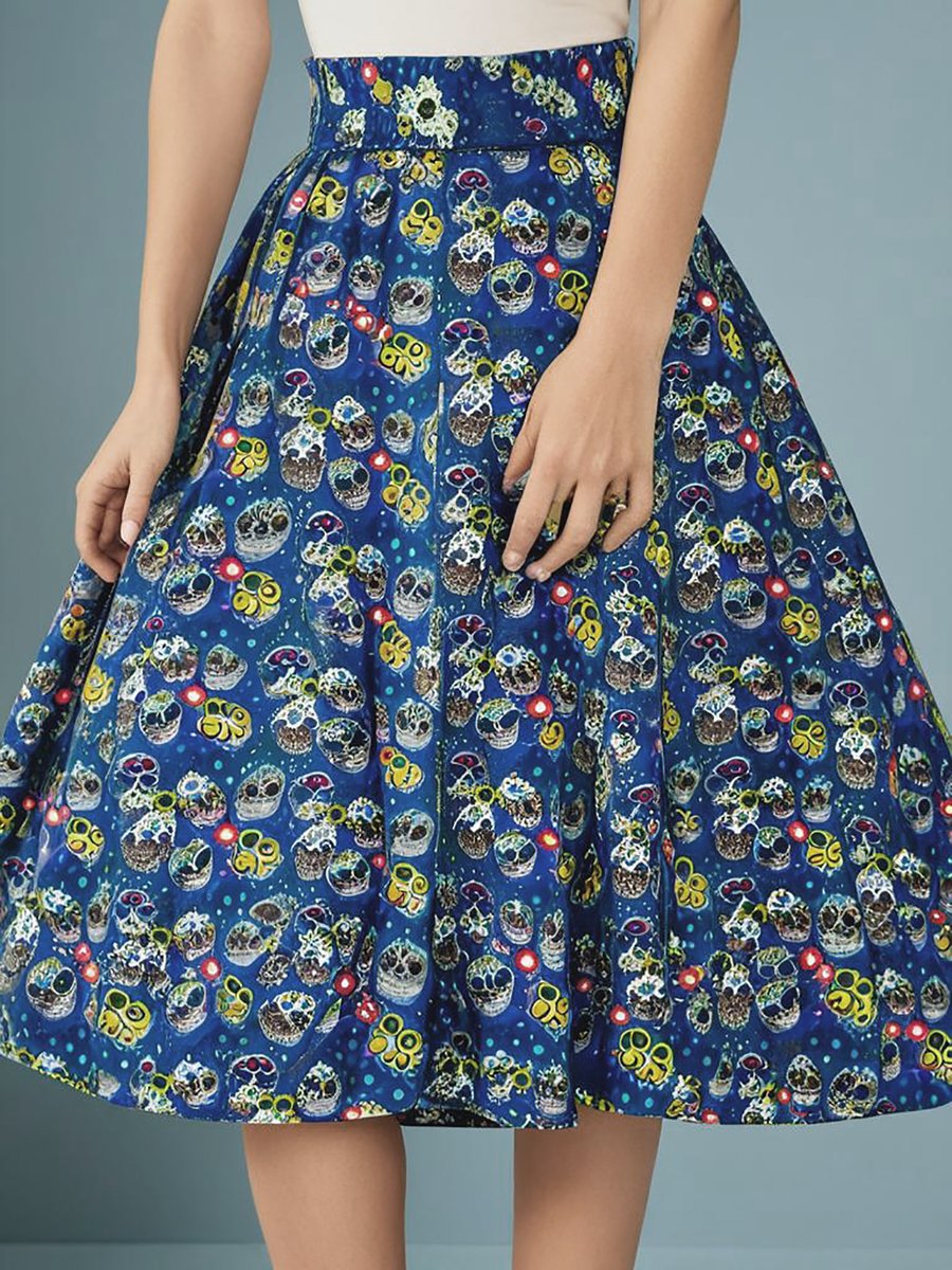 1950s Vintage Retro Rockabilly Circle Skirt Sugar Skull blue women's size 10-26 