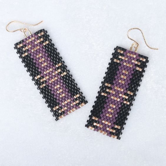 Rectangular Beaded Earrings in Black, Gold and Purple
