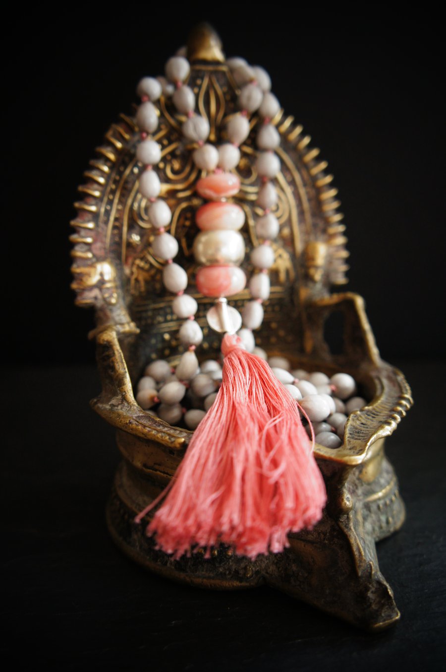 108 Heart Chakra Mala, Pink Opal, Silver, Vaijayanti Seed Yoga Necklace