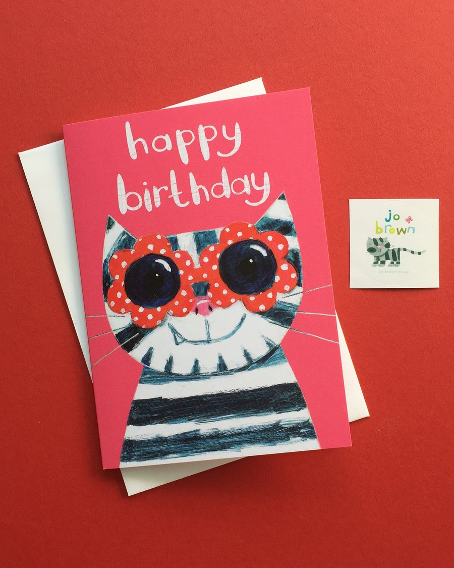 Sunglasses Cat card Pink by Jo Brown Happy Birthday