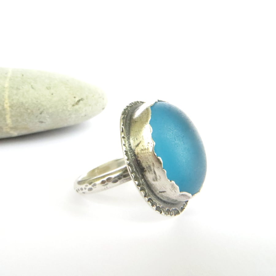 Turquoise Sea Glass Ring, Sterling Silver Statement Ring, Size N