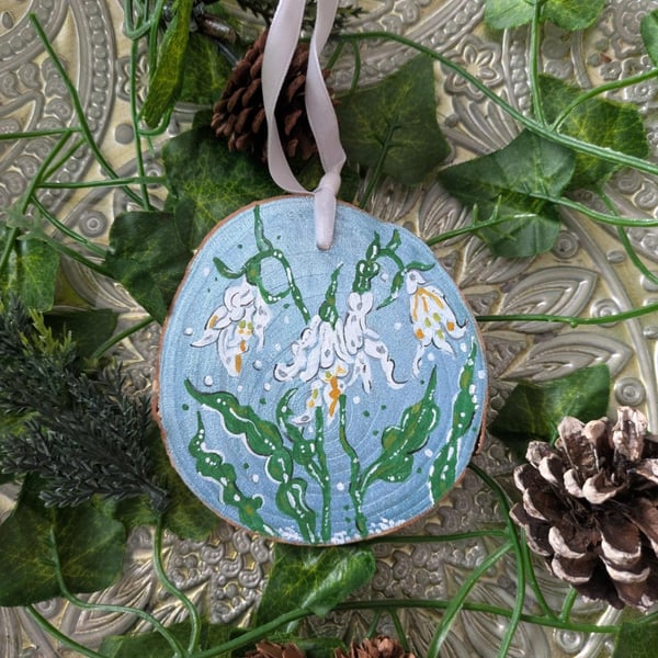 Snowdrop hand-painted log slice Christmas decoration 