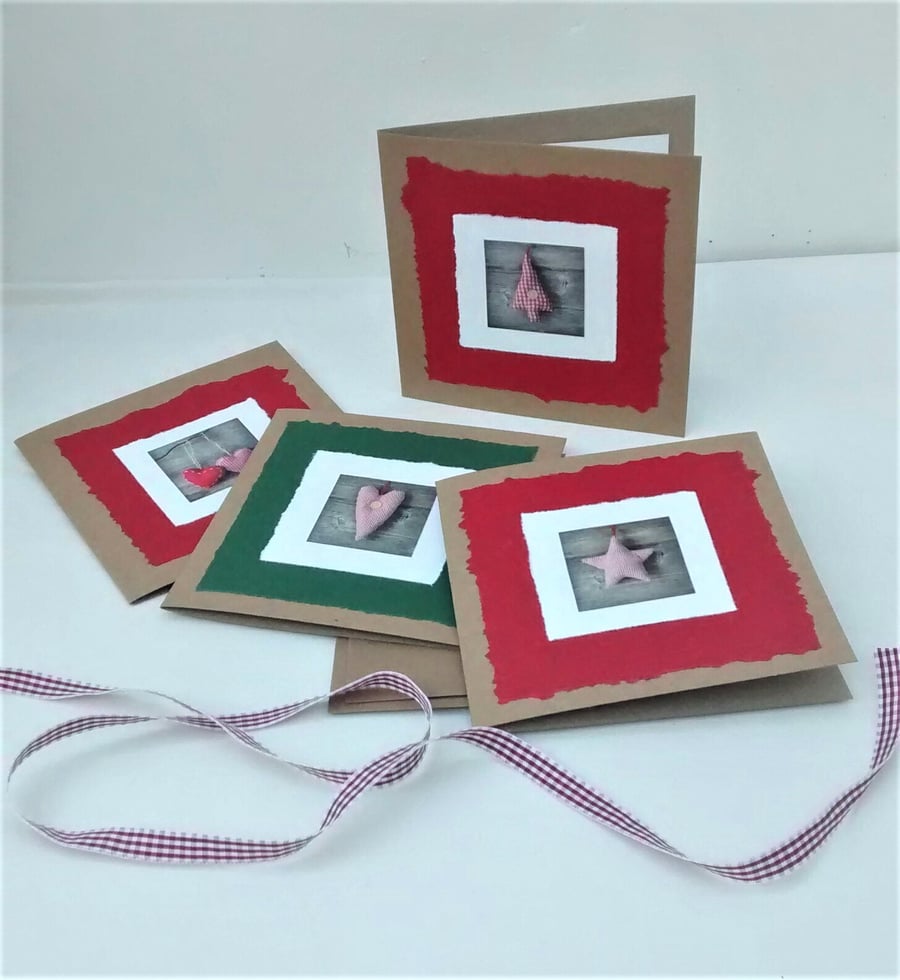 Christmas Cards, Pack of 4 Recycled Cards, Rustic Style, Handmade Cards
