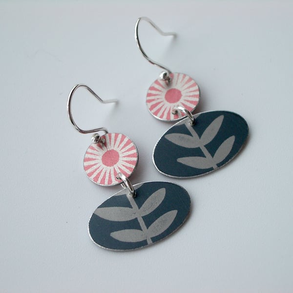 Folk art earrings in coral and grey