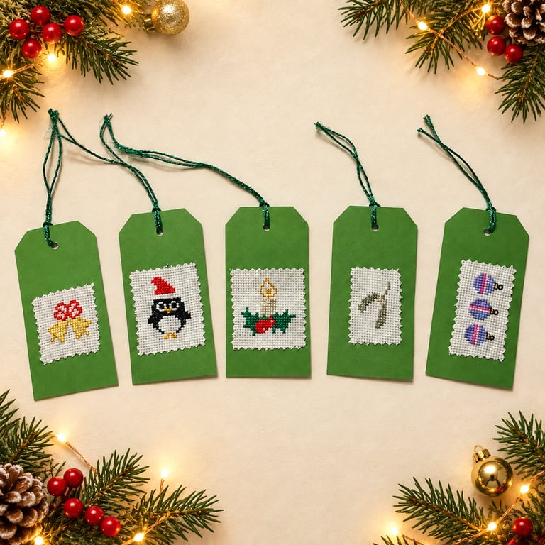 Five Large Cross-Stitch Christmas Gift Tags – Penguin, Bells and Baubles