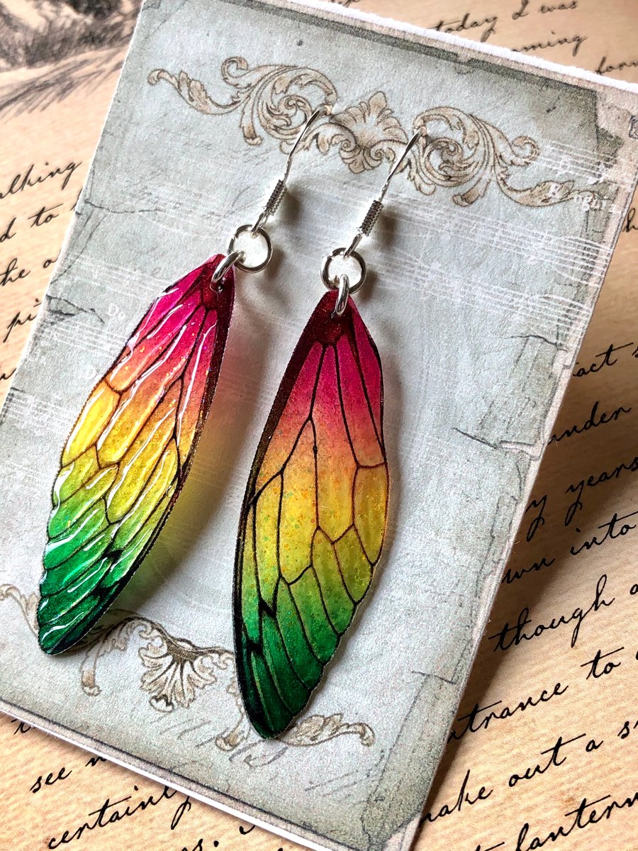 Colourful Fairy Wing Sterling Silver Earrings Green Yellow Red