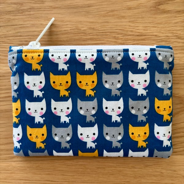 Small zipped fabric purse, pouch, make up bag, blue with fun cat print
