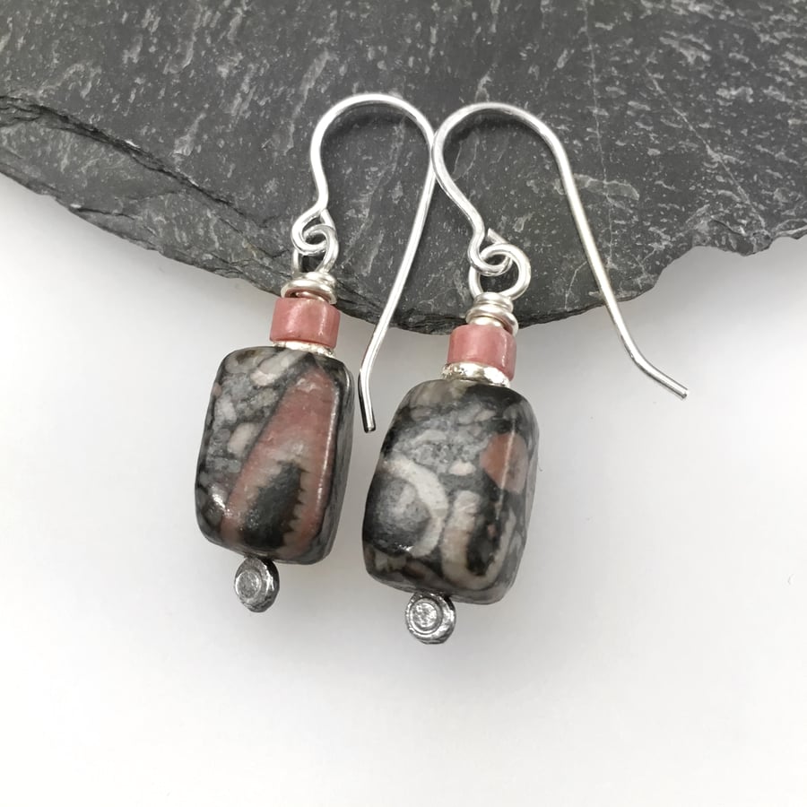 sterling silver crinoid fossil and rhodocrosite earrings