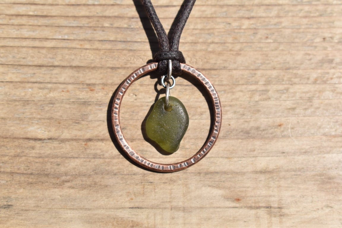 Olive Green Sea Glass and Copper Adjustable Waxed Cotton Cord Necklace