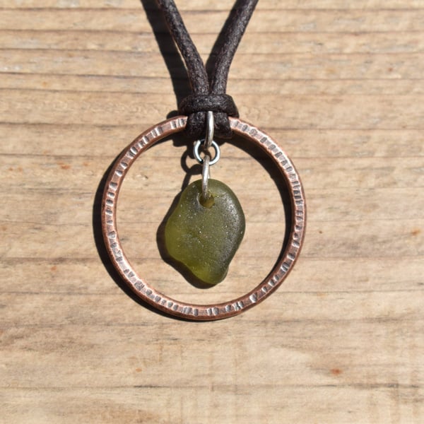 Olive Green Sea Glass and Copper Adjustable Waxed Cotton Cord Necklace