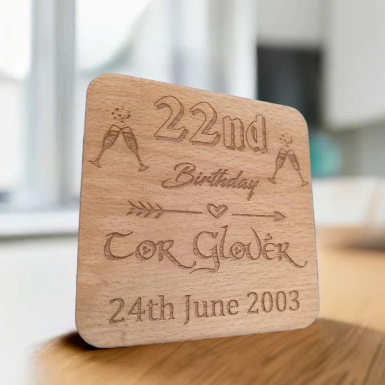 Set of 6, Steamed Beech Drink Coasters for Personalisation. Birthday Collection.