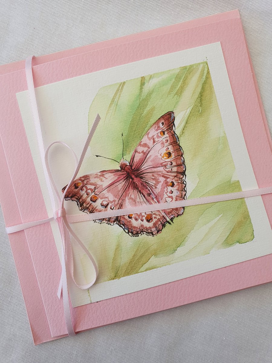 Pink Hand painted greeting card of butterfly 