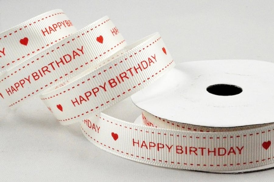 Cream Happy Birthday ribbon 15mm x 2 metres 
