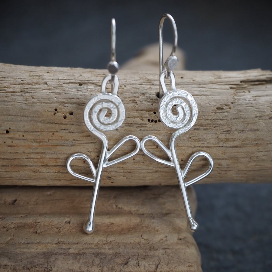 Silver Spiral Flower Dangle Earrings