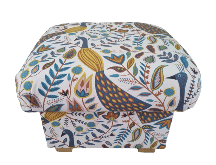 Storage Footstool Fryetts Peacocks Ochre Fabric Pouffe Floral Birds Mustard 