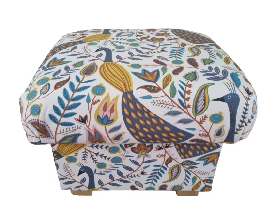 Storage Footstool Fryetts Peacocks Ochre Fabric Pouffe Floral Birds Mustard 