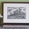 Lino-print, cows, Wensleydale, Yorkshire, trees, Ladyhill by Denise Burden