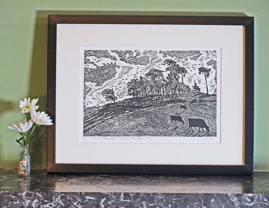 Lino-print, cows, Wensleydale, Yorkshire, trees, Ladyhill by Denise Burden