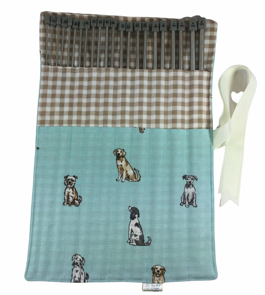 Full set of metal knitting needles in a case with breeds of dogs fabric, 