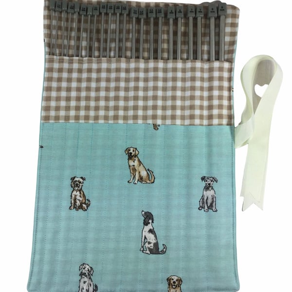 Full set of metal knitting needles in a case with breeds of dogs fabric, 