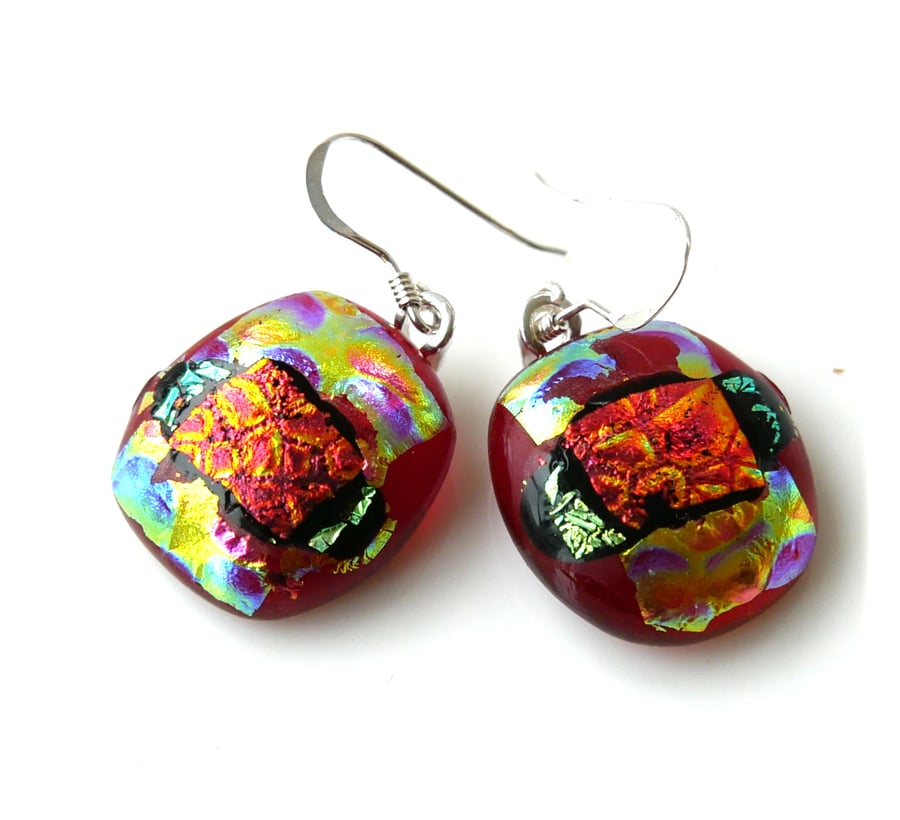 Handmade Fused Dichroic Glass Earrings 302 Red Shimmers