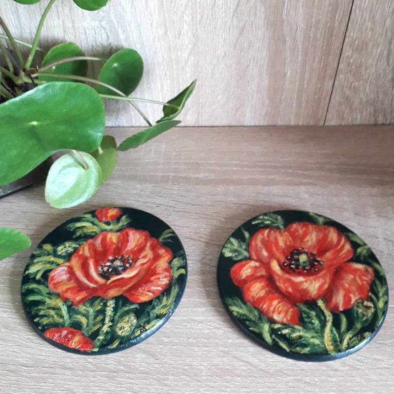 Wooden Coasters, set of two, handpainted with Poppies.  