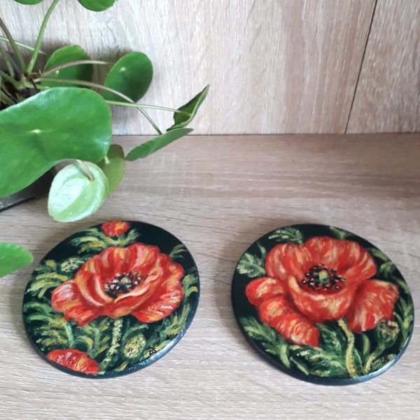 Wooden Coasters, set of two, handpainted with Poppies.  