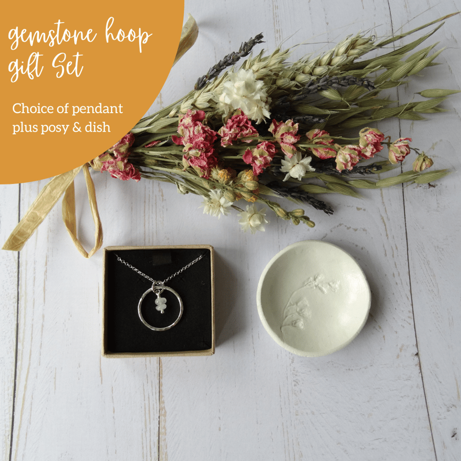 Gemstone hoop gift set bundle - recycled silver pendant, dish, posy, cloth
