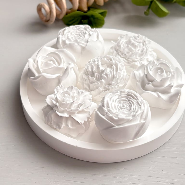 Set of 7 White Flower Fragrance Stones with Round Display Tray