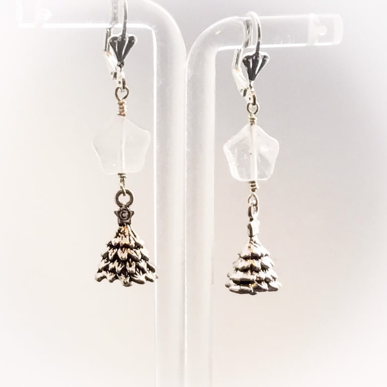 Quartz Star And Christmas Tree Earrings. Optional clip-on, 925 Or Titanium Wires