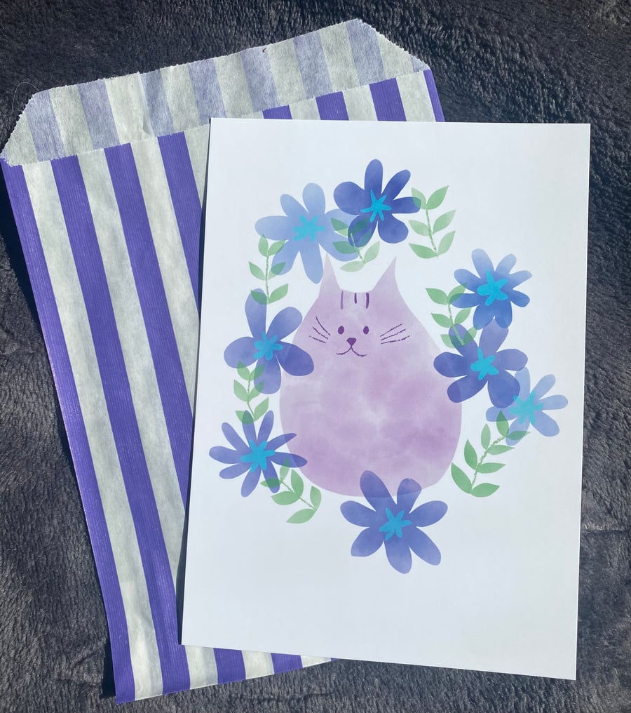 Purple Cat Postcard Size Print, A6