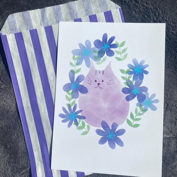 Purple Cat Postcard Size Print, A6